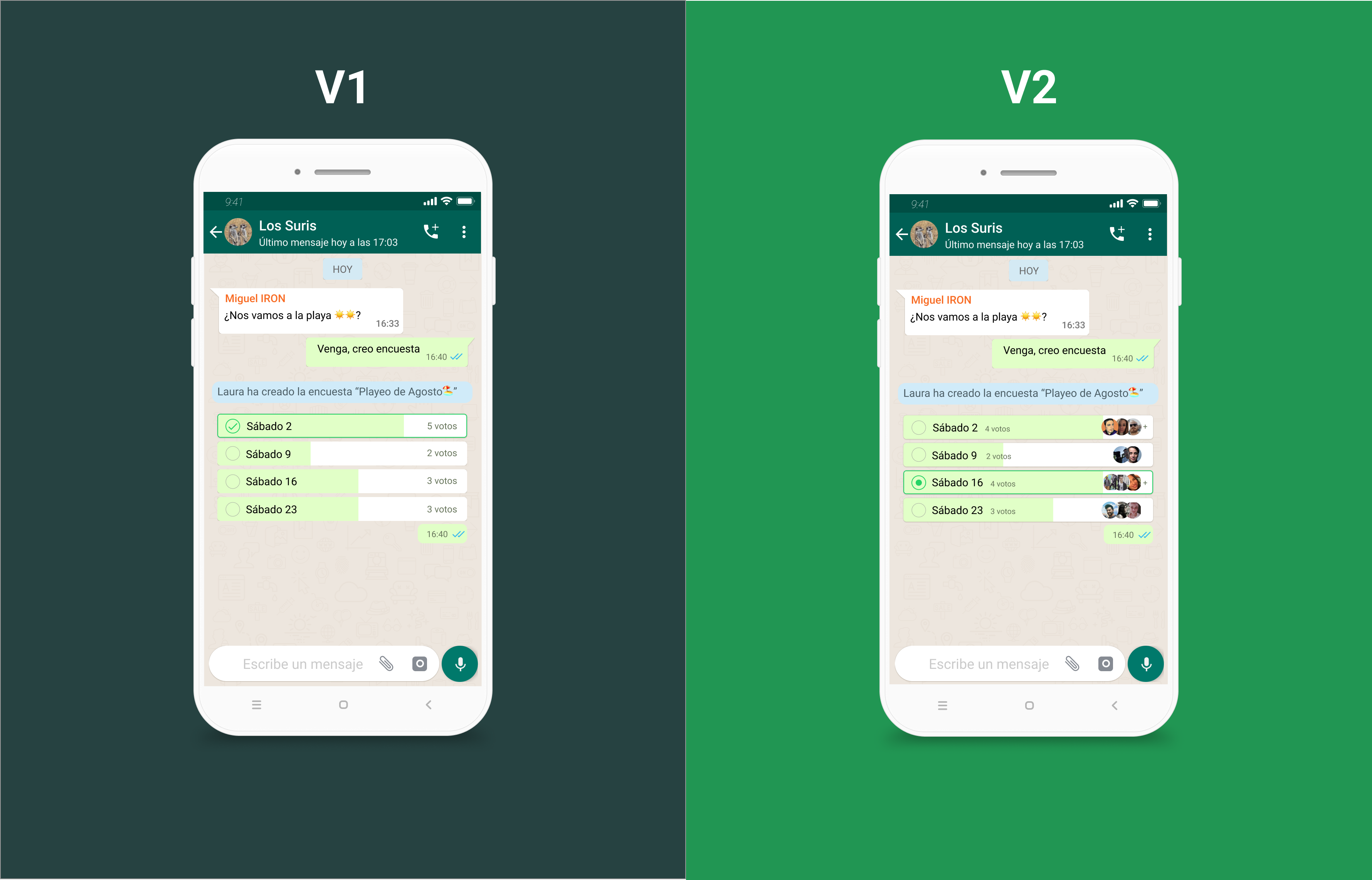 A screenshot of version 1 and version 2 of the feature